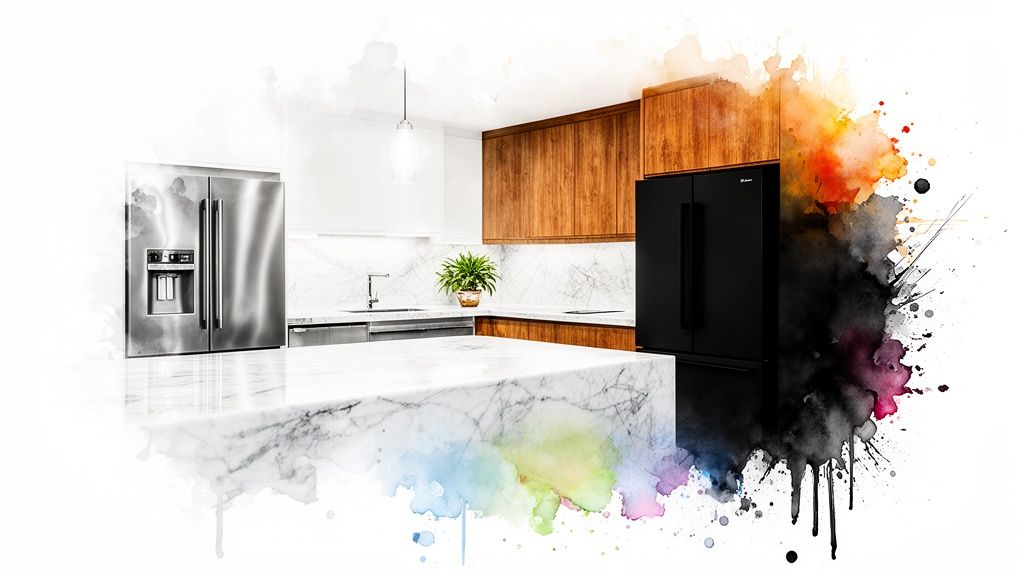 A modern kitchen design with both stainless steel and black refrigerators, featuring artistic watercolor splashes.