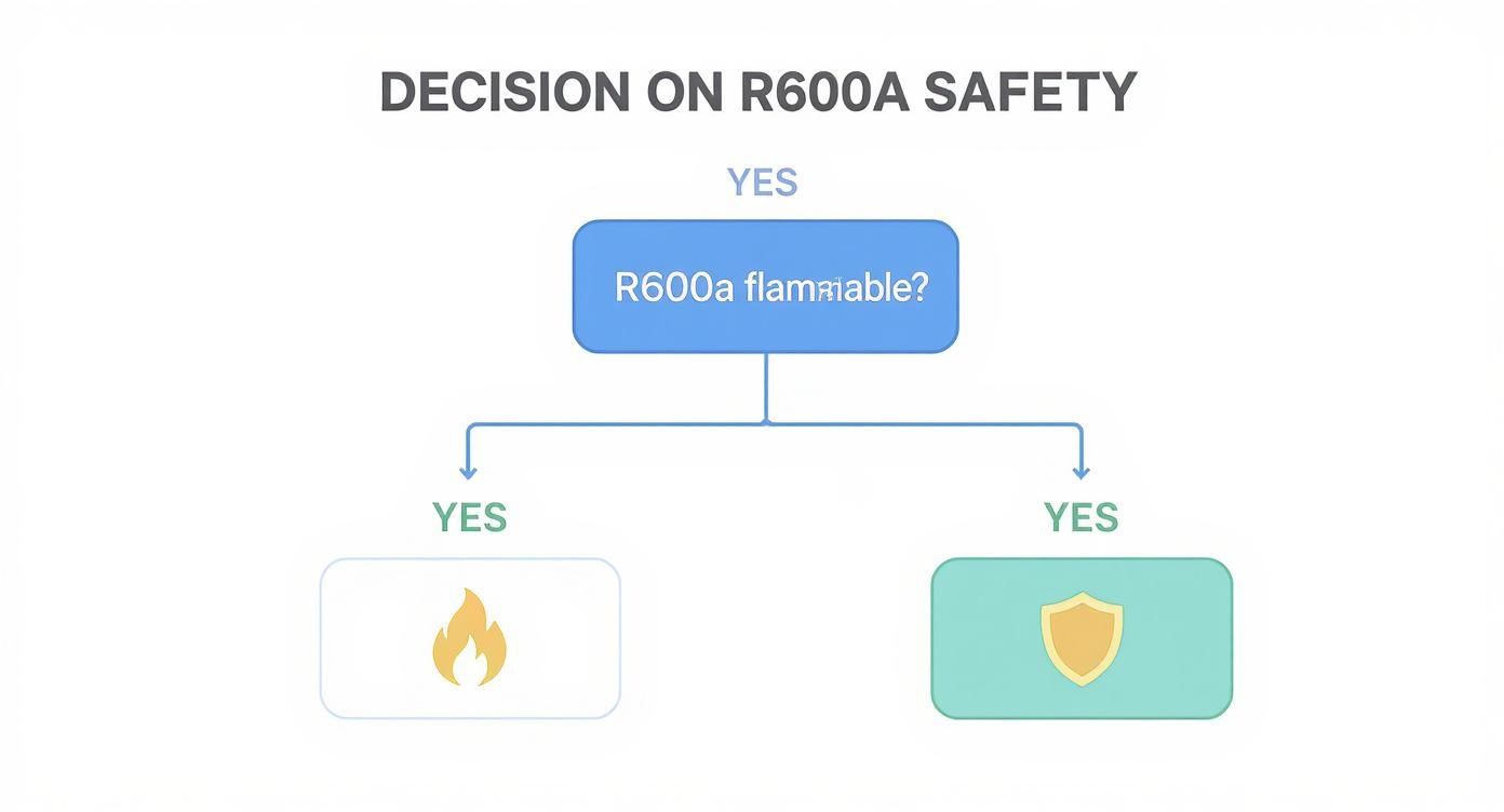 Flowchart evaluating R600a refrigerant safety, asking about flammability, leading to fire and shield icons.