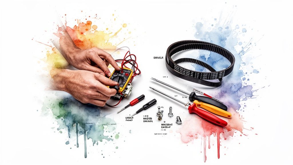 Hands using a multimeter with various tools like screwdrivers and a drive belt on a watercolor background.