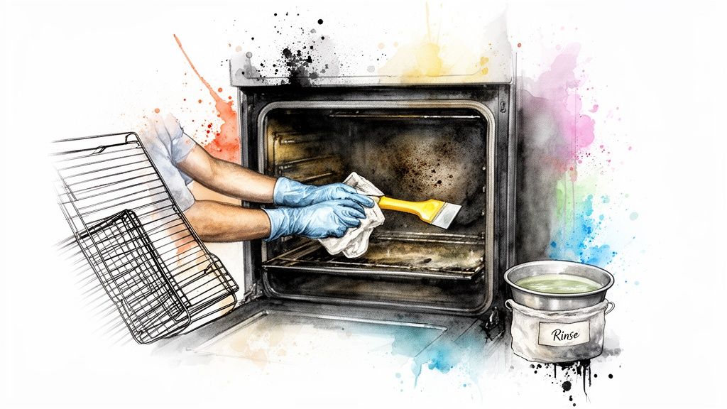 A person in blue gloves diligently cleans a greasy oven interior with a cloth and a scraper, racks removed.