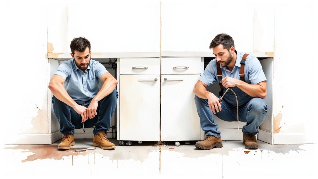Two plumbers fixing a leaking pipe under kitchen cabinets, with water stains on the floor.