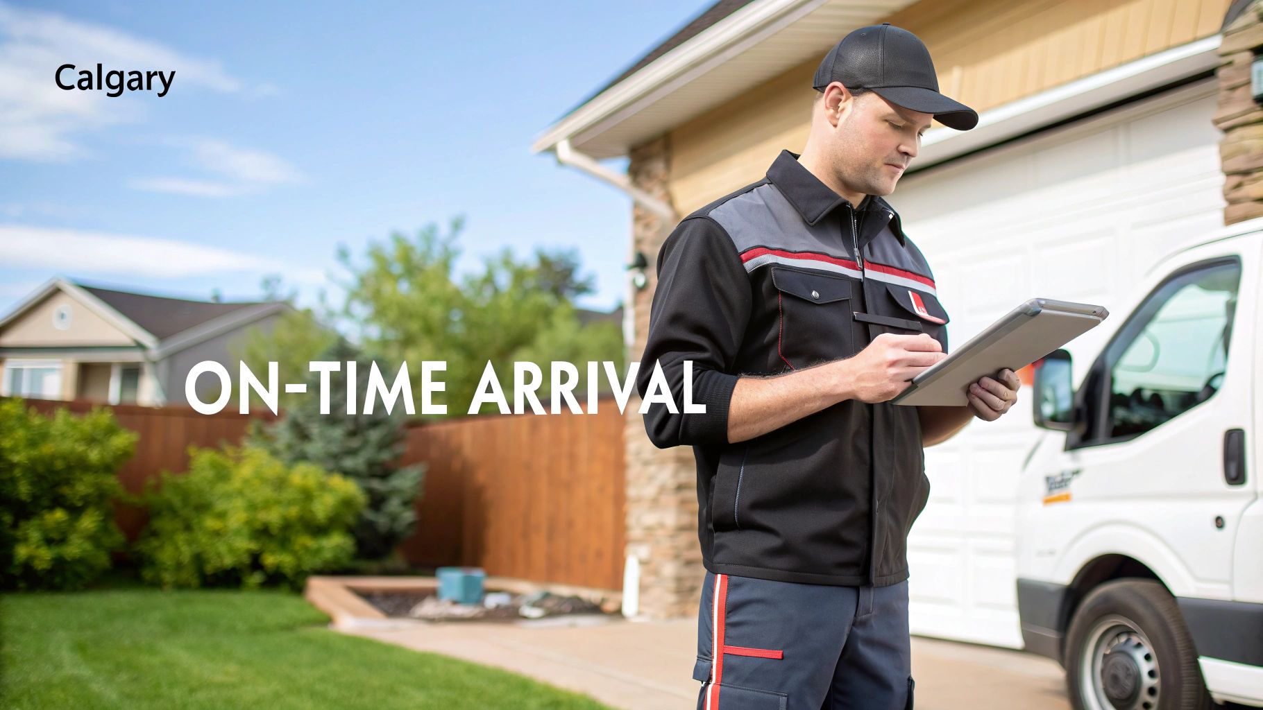 A uniformed service technician using a tablet in front of a white van and house, ensuring on-time arrival in Calgary.