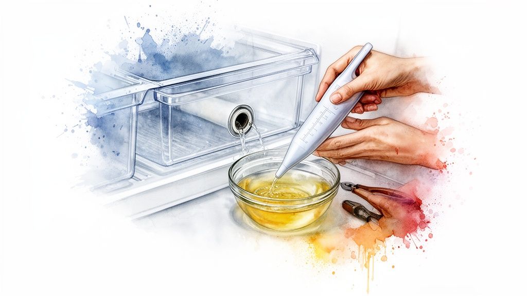 A person uses a liquid extractor to transfer fluid from a refrigerator container into a bowl.