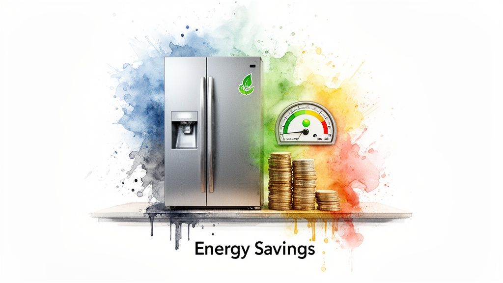 A refrigerator with an energy-saving leaf, stacks of coins, and a meter illustrating energy savings.