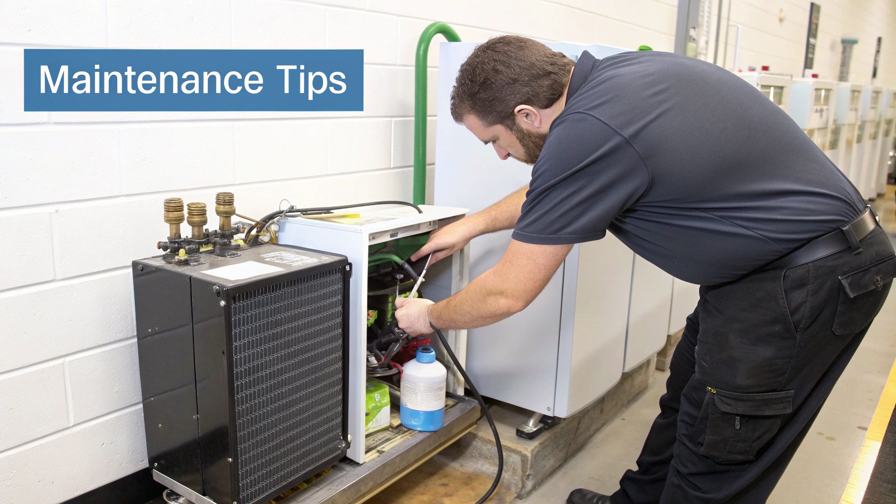 A male technician performs maintenance on industrial equipment inside a factory setting, with the text 'Maintenance Tips' displayed.