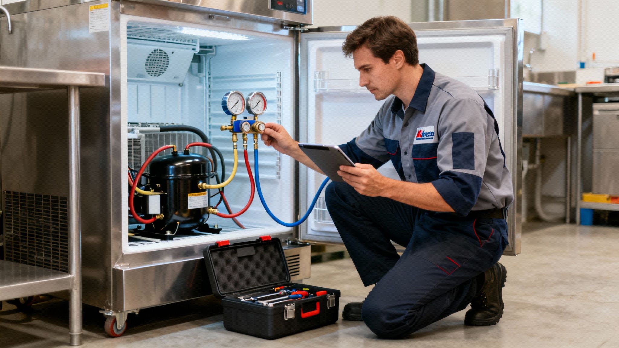 Service technician inspecting a commercial refrigerator's compressor and gauges, holding a tablet.