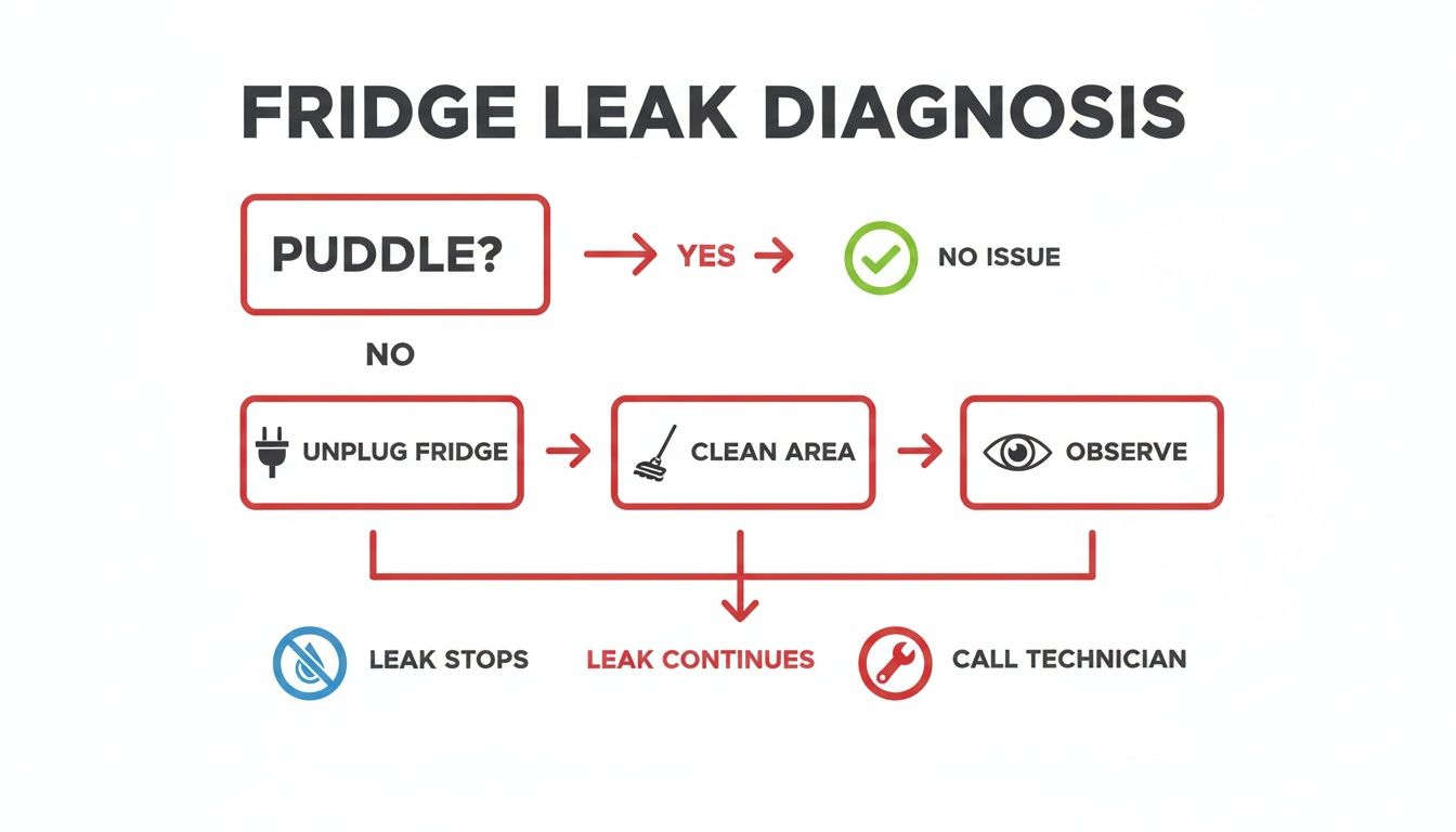 Flowchart illustrating the diagnosis process for a fridge leak, including unplugging, cleaning, observing, and when to call a technician.