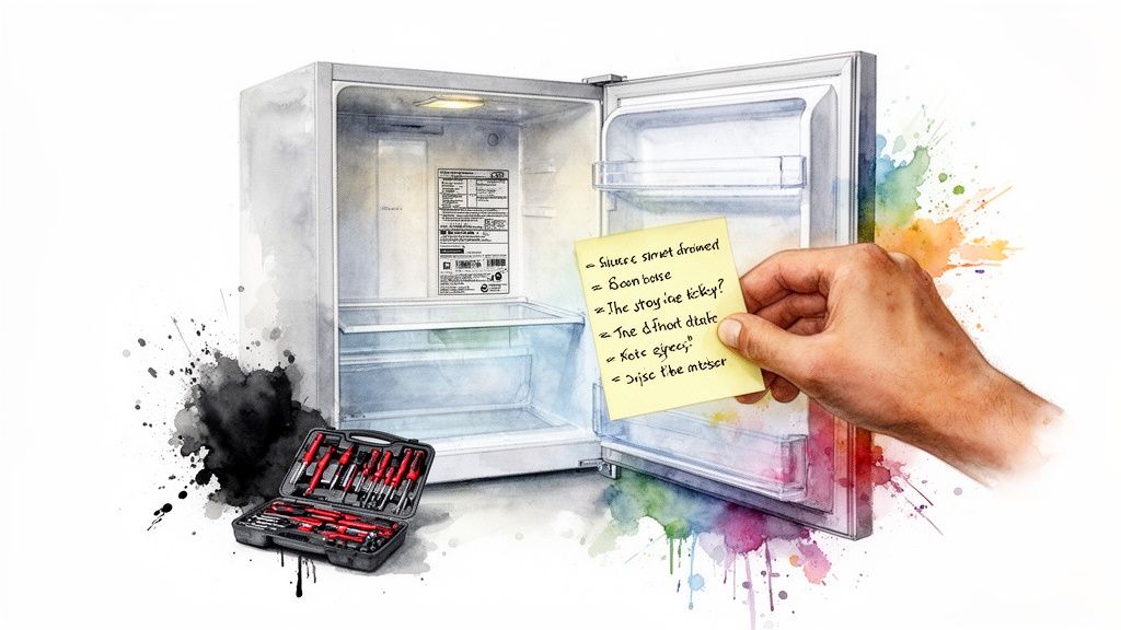A hand holds a sticky note inside an open, empty refrigerator with a toolbox nearby.
