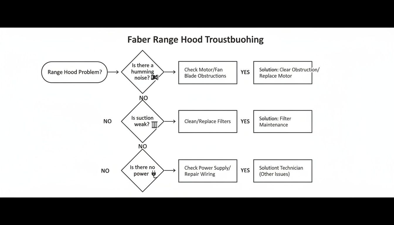 Faber Range Hood Troubleshooting flowchart detailing steps for humming noise, weak suction, and no power issues.