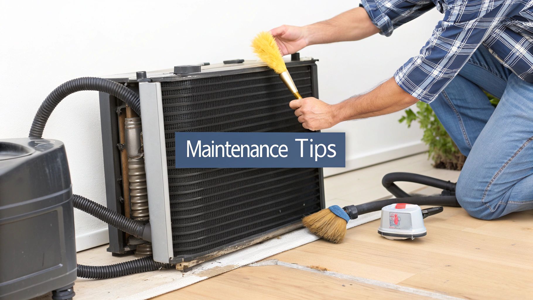 A person performing maintenance cleaning on the dusty fins of a compressor refrigerator unit.