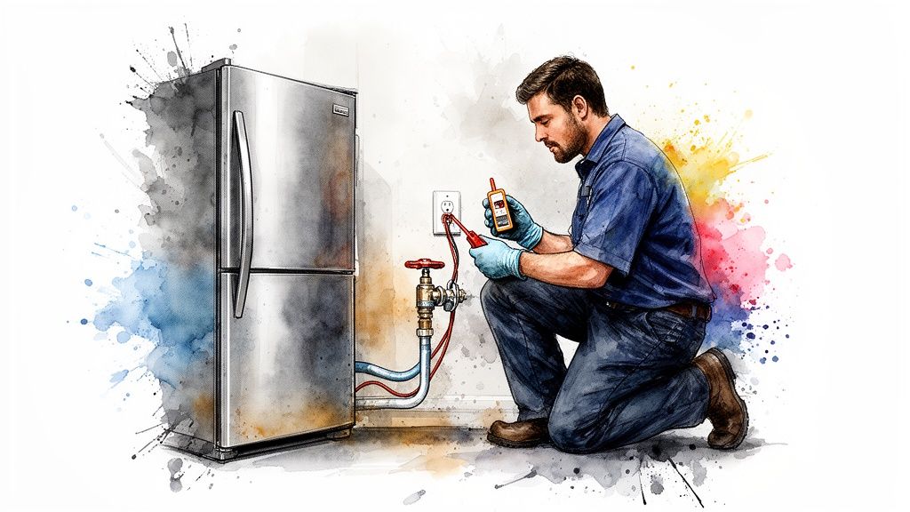 A technician inspects a refrigerator's plumbing and electrical connections with a multimeter.