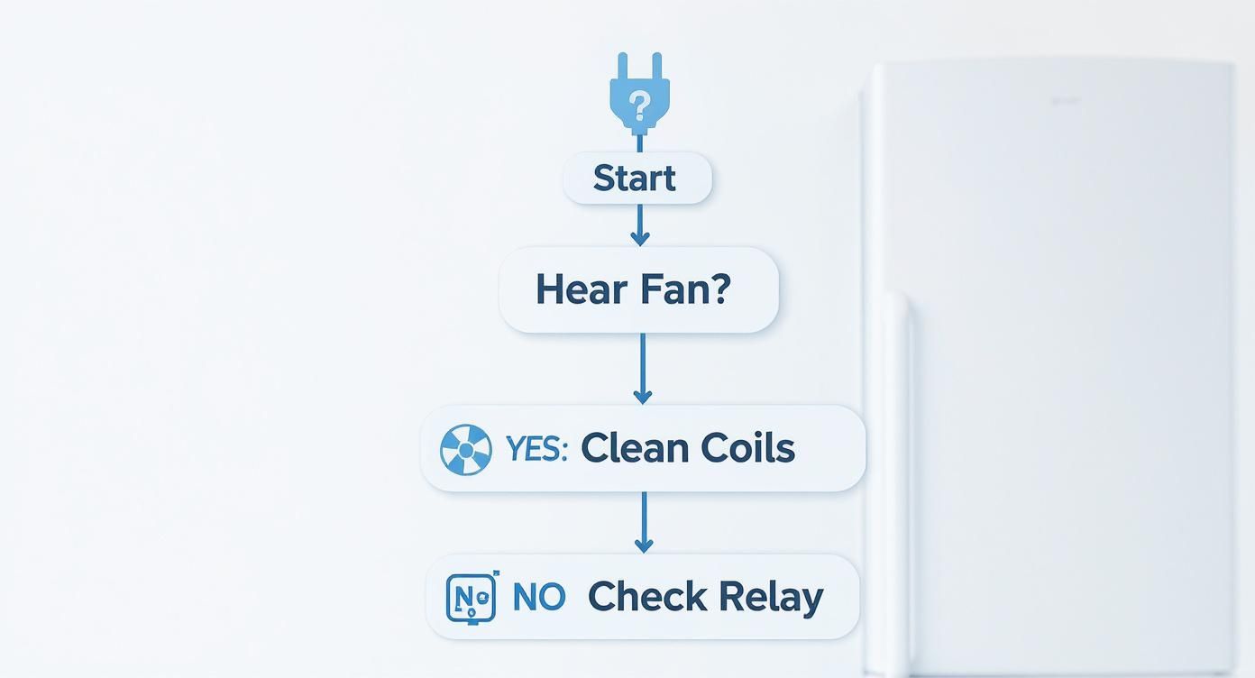 A diagnostic flowchart showing steps to troubleshoot an appliance fan, including cleaning coils or checking relay.