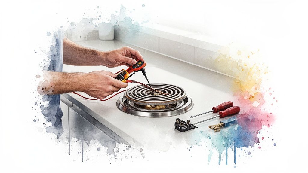 A person uses a multimeter to test an electric stove burner on a kitchen counter.