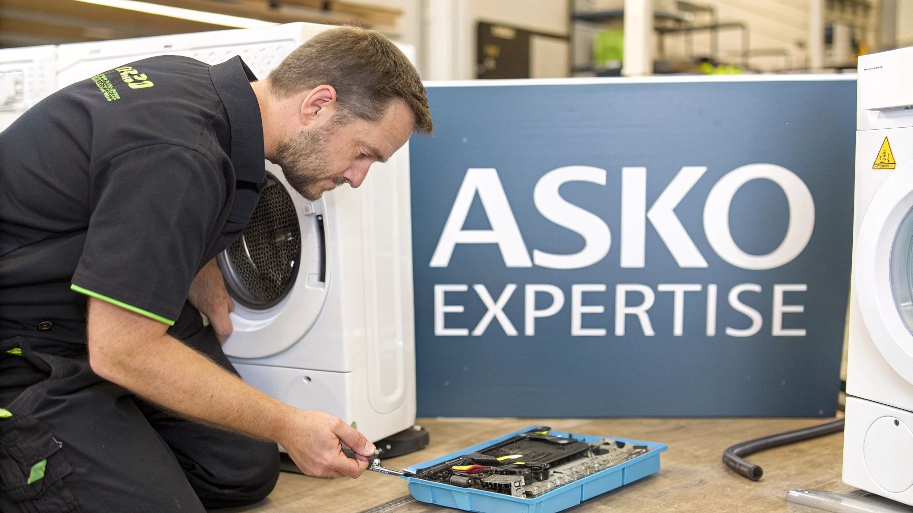 A technician repairs an Asko washing machine, with a toolbox and "ASKO EXPERTISE" sign nearby.