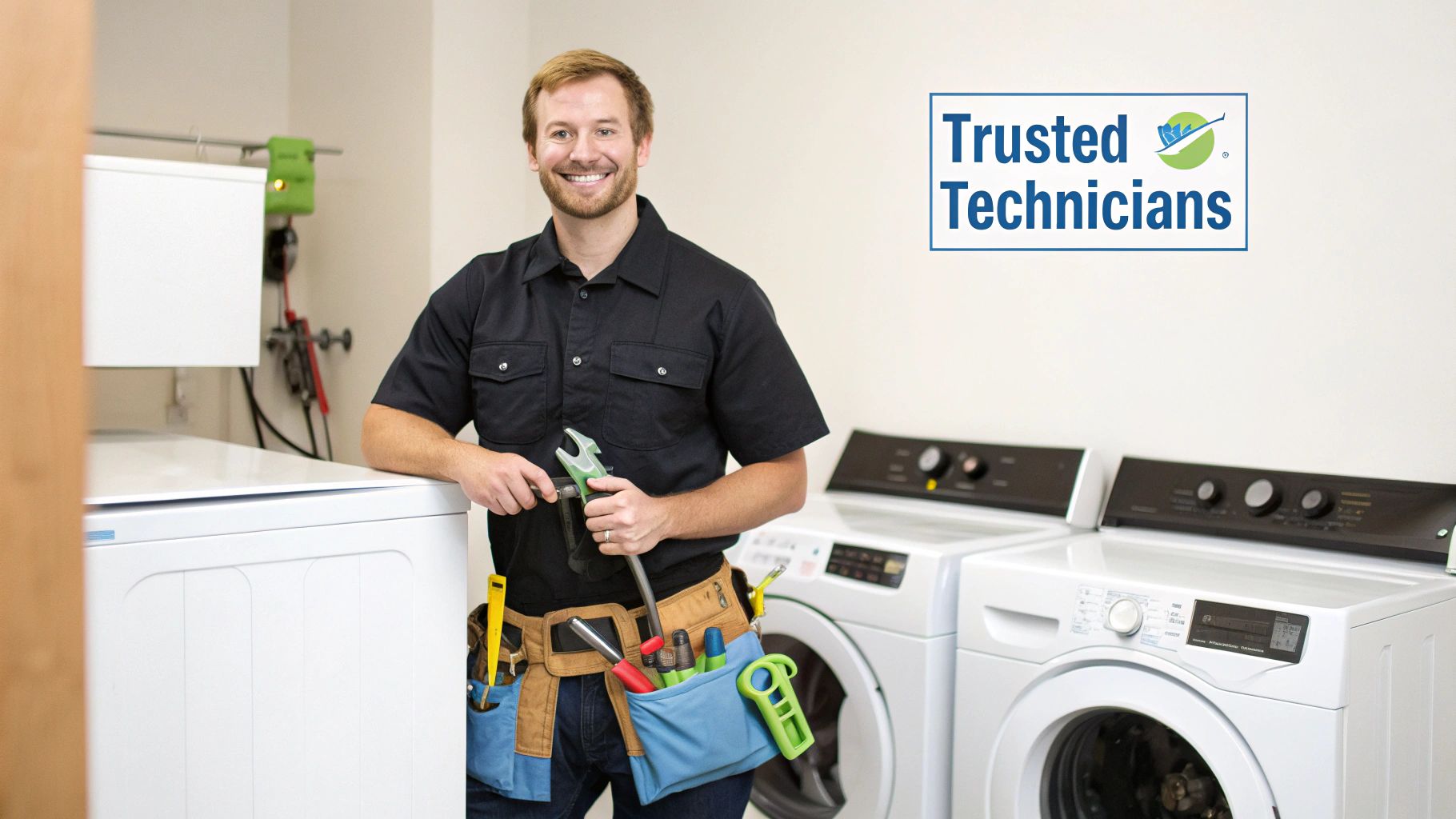 A smiling male technician with a tool belt and wrench, ready to fix appliances.
