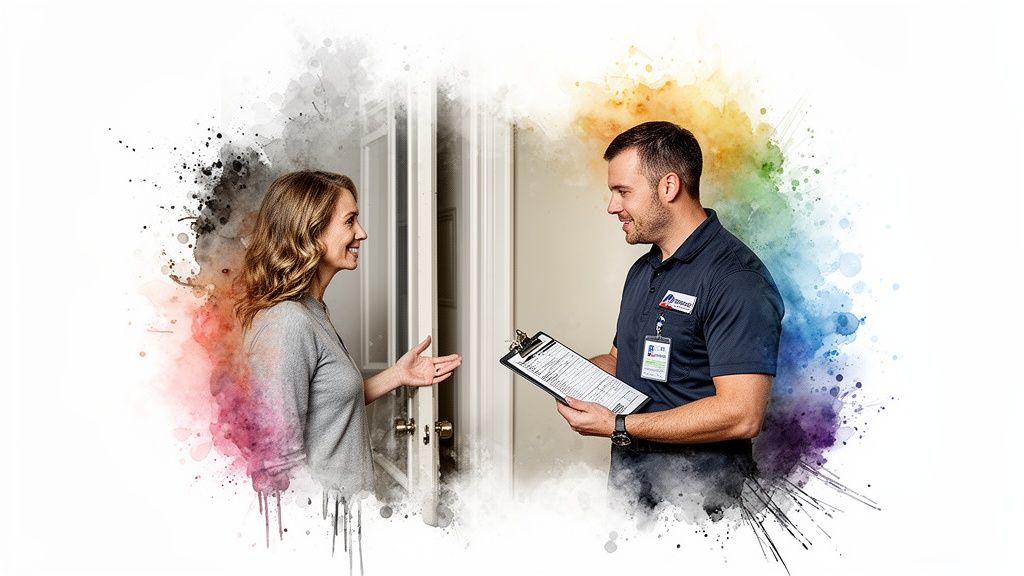 A smiling woman greets an appliance repair technician holding a clipboard at her open doorway.