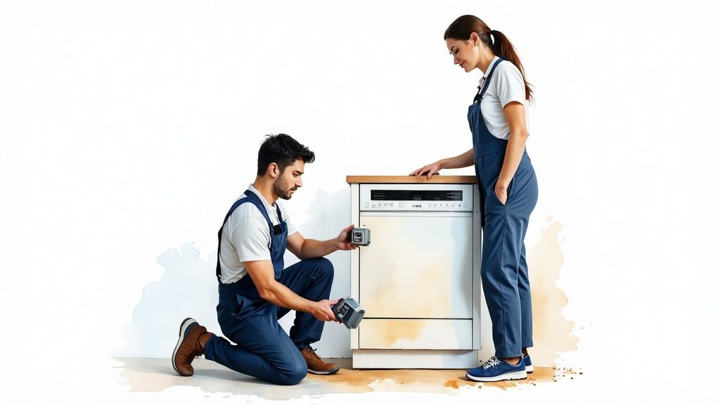 Two technicians in blue overalls troubleshoot a white dishwasher, with one kneeling and holding a part.