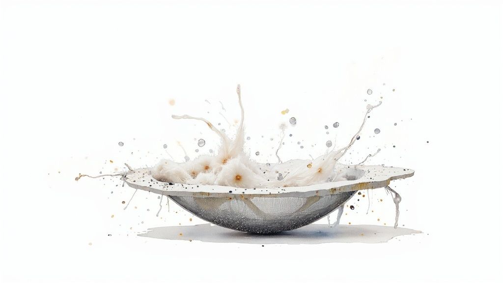 Abstract watercolor art featuring a colander with white fibrous material and liquid splashes.