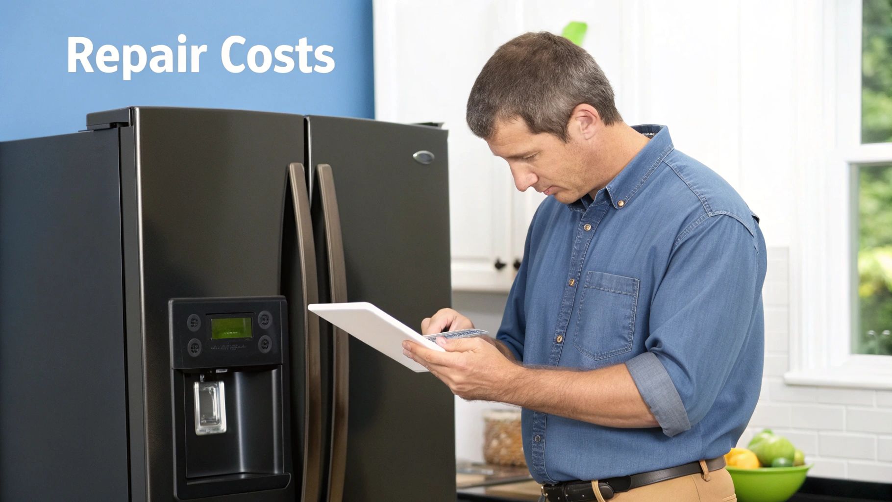 A man in a denim shirt looks at a tablet next to a black refrigerator, checking repair costs.