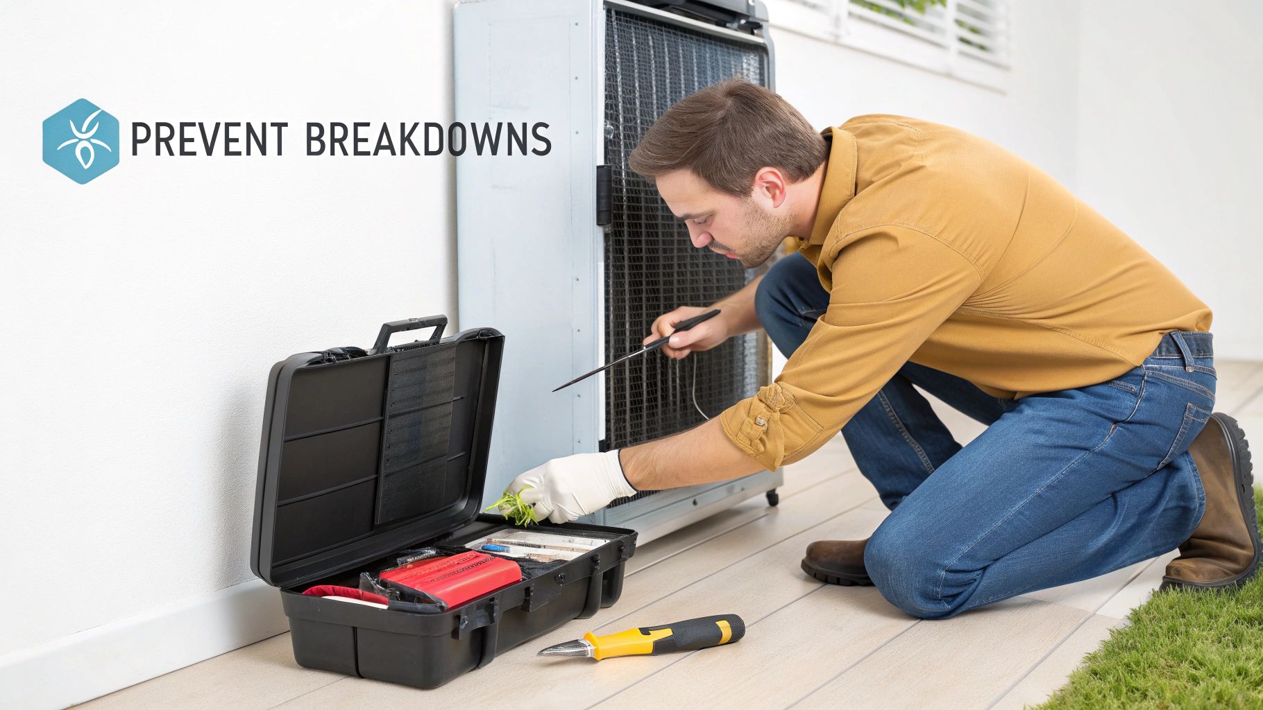 A man cleaning a large appliance, with a toolbox open on the floor, aiming to prevent breakdowns.