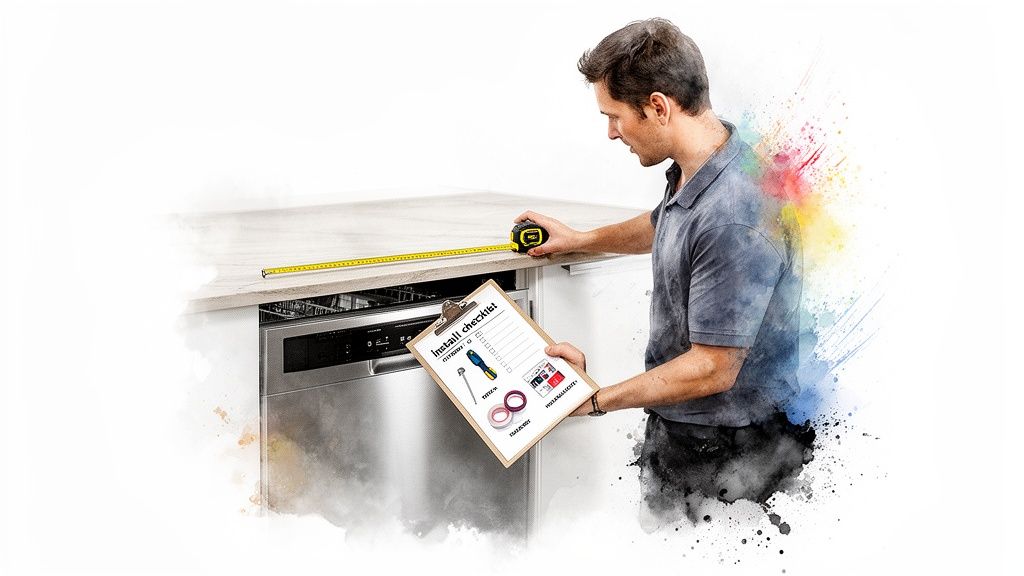 A man measures kitchen counter space for a dishwasher installation, holding an install checklist.