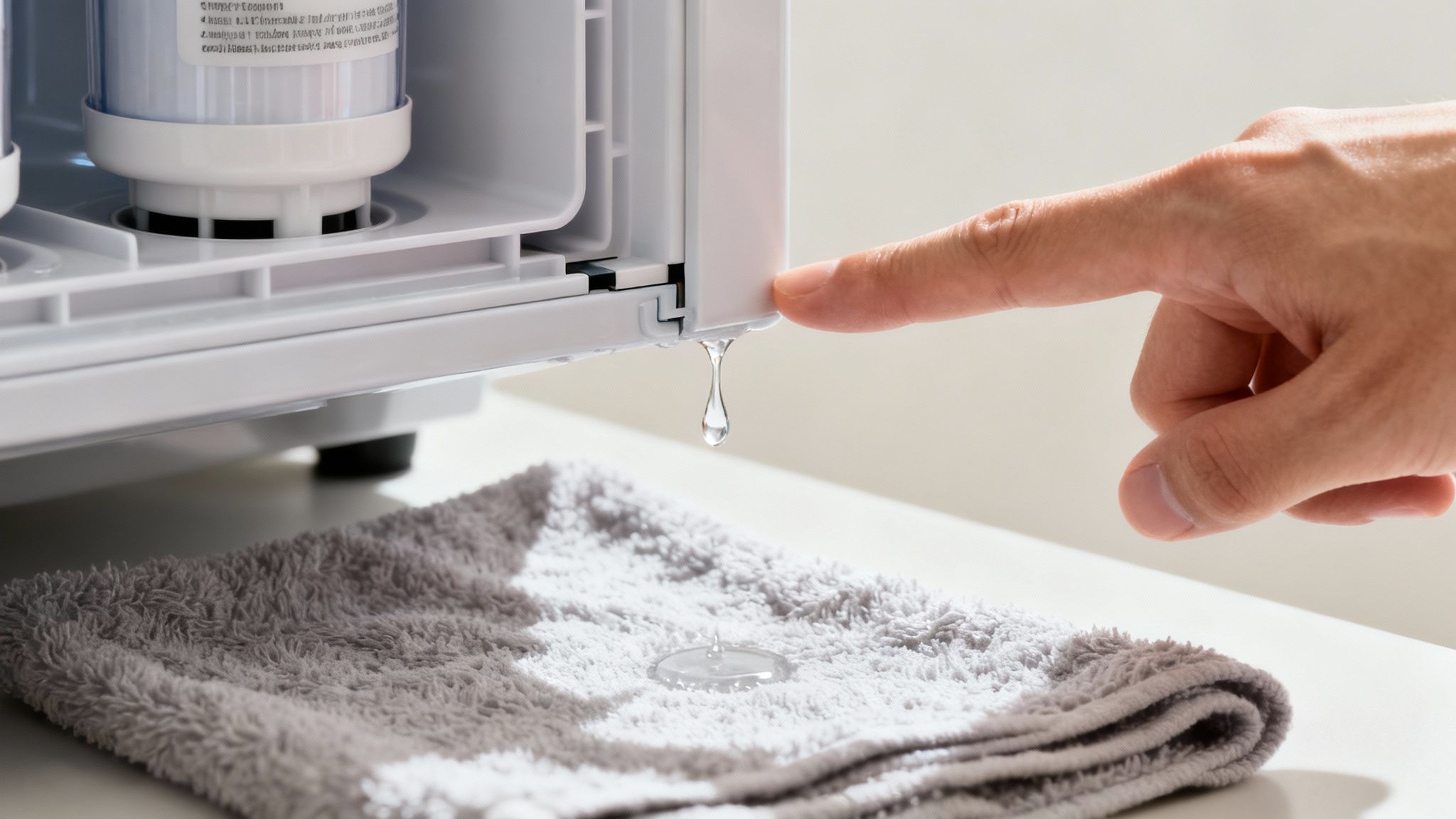 A hand points to water dripping from a refrigerator's filter housing onto a grey towel.
