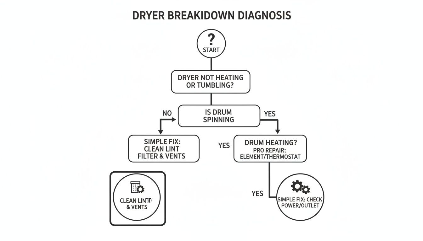A flowchart diagnosing common dryer breakdown issues, guiding users to check heating, tumbling, spinning, lint, and power.