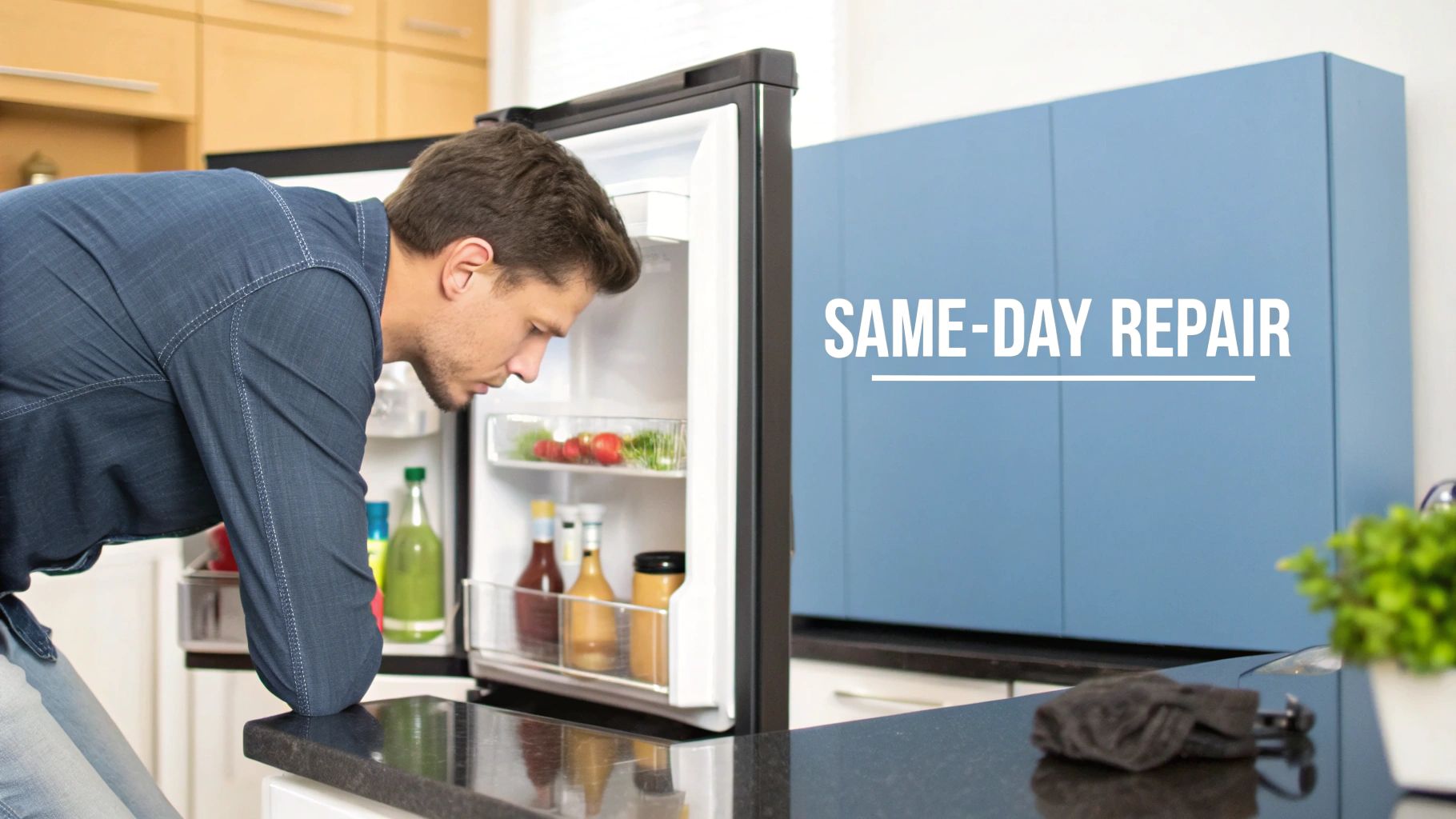 A man in a kitchen looks intently into an open refrigerator, with 'SAME-DAY REPAIR' text visible on blue cabinets.