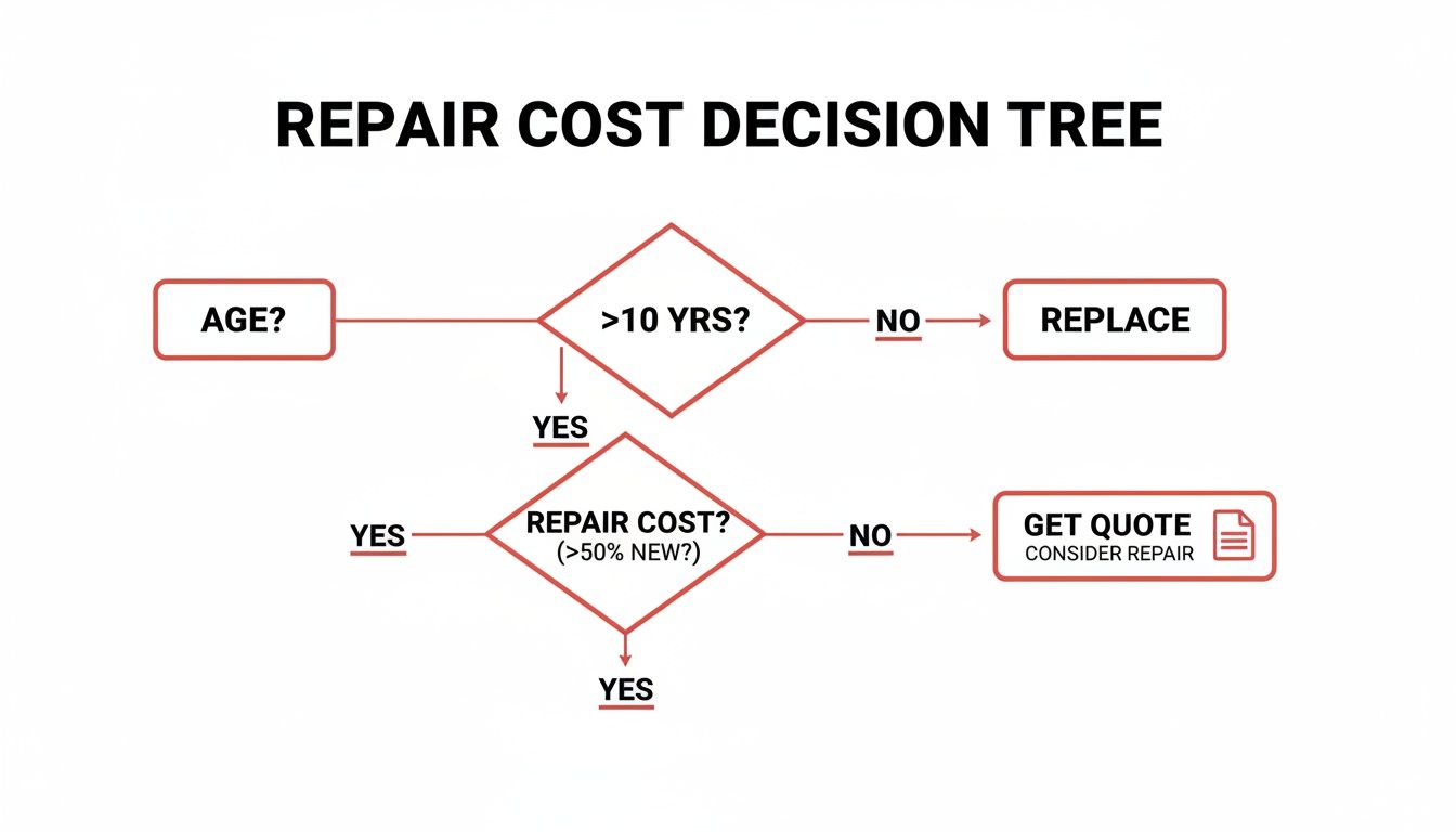A repair cost decision tree flowchart guiding users on whether to repair or replace an item based on age and cost.