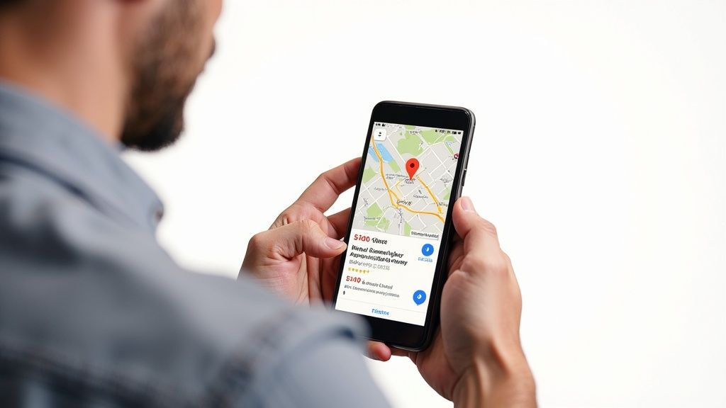 A man holds a smartphone displaying a map application with a red pin and business listings.