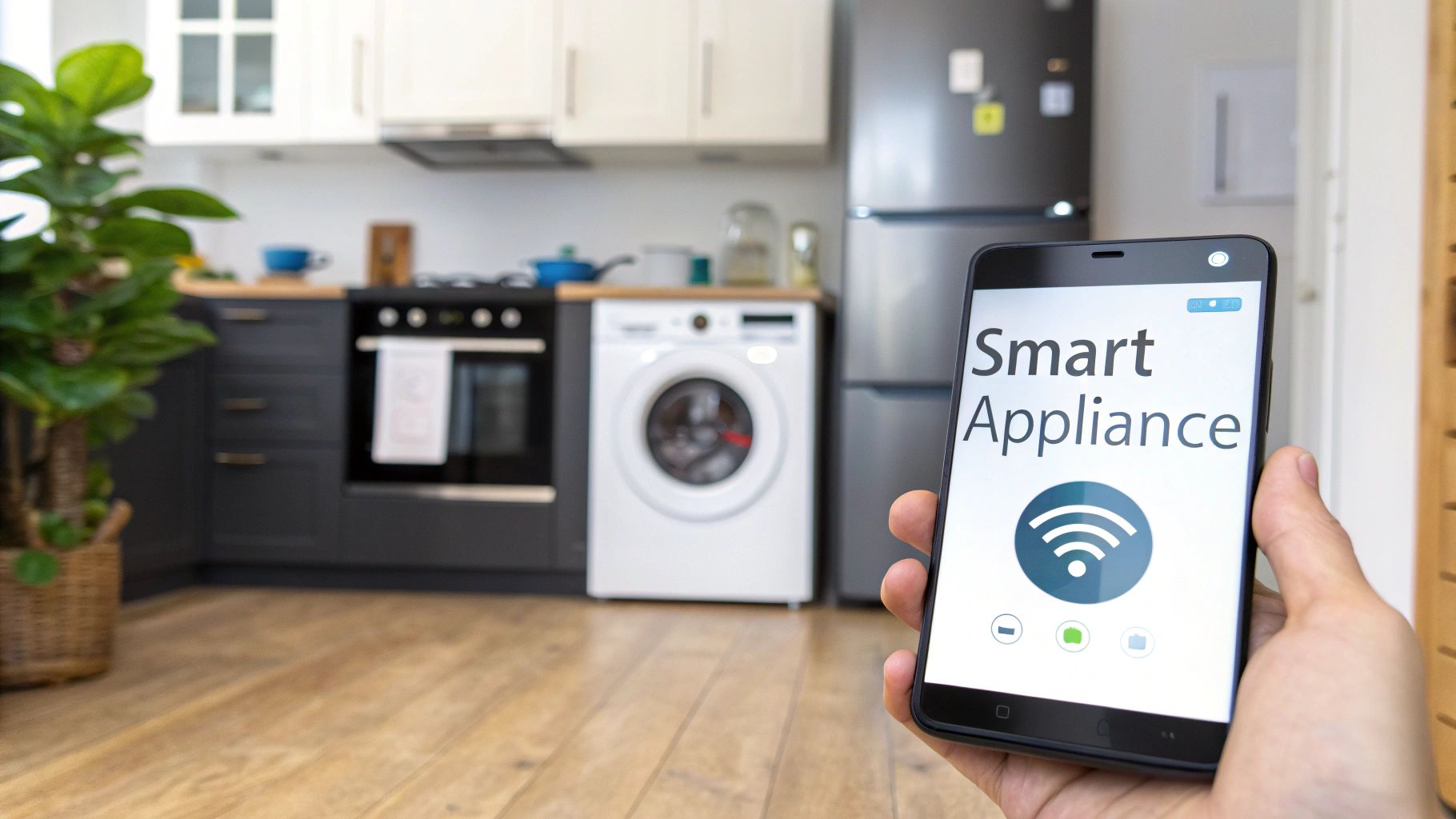 A hand holds a smartphone displaying 'Smart Appliance' and Wi-Fi symbol in a modern kitchen.