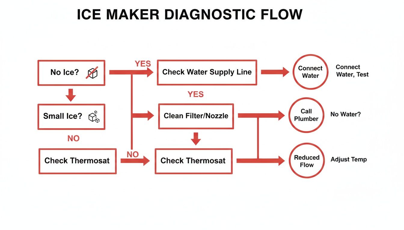 Flowchart detailing ice maker diagnostic steps for issues like no ice, small ice, and reduced water flow.