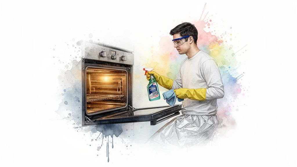 Man wearing protective gear, cleaning an oven with a spray bottle and cloth.