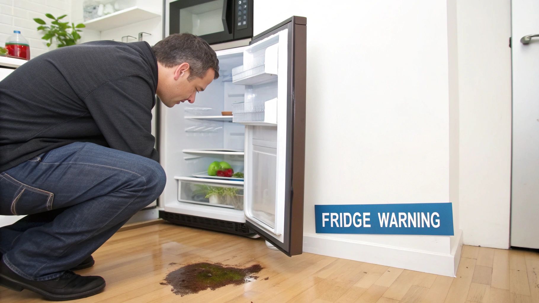 A man squats, looking into an open refrigerator with a dark liquid spill on the floor.