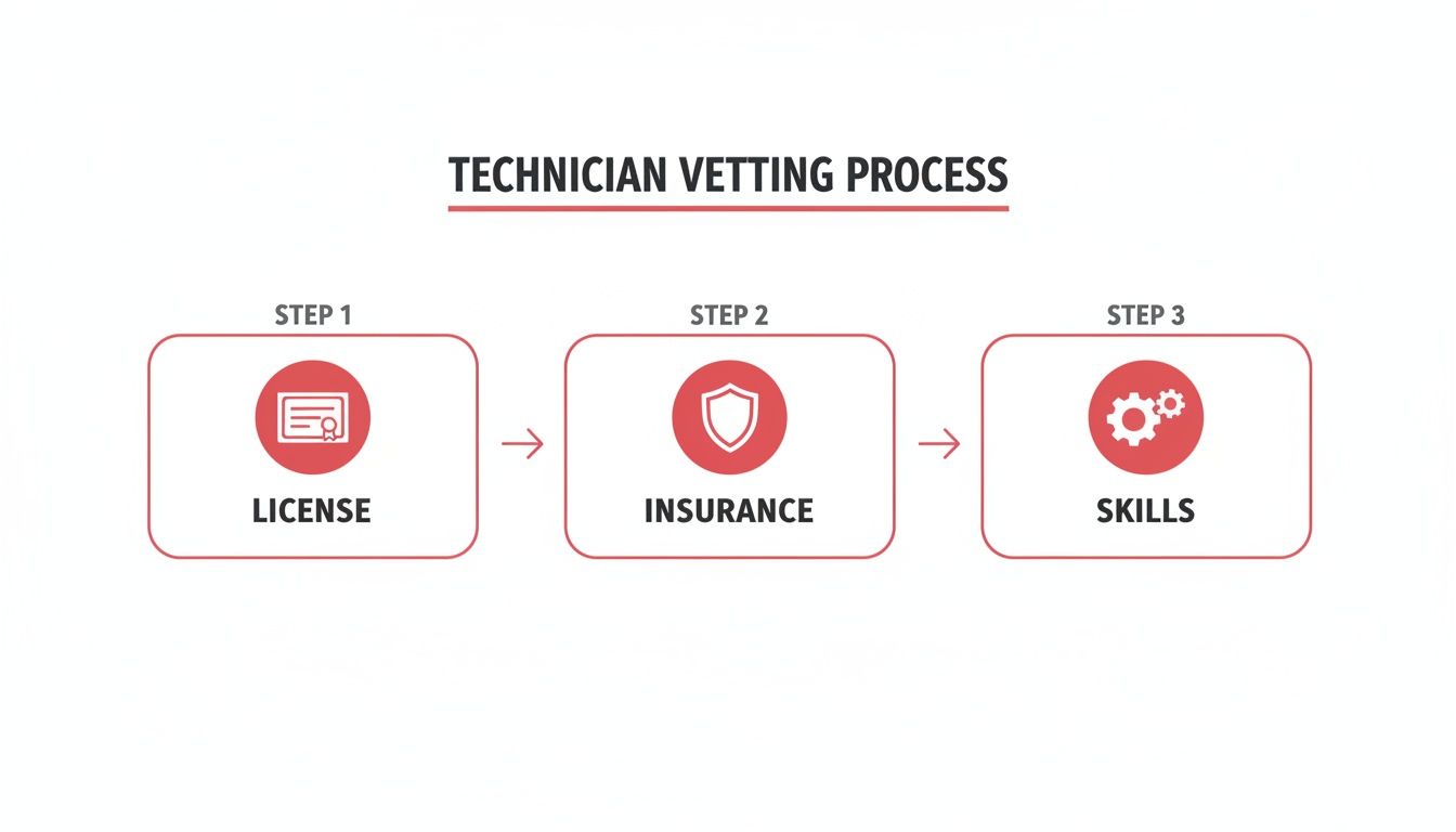 A diagram outlining the technician vetting process, including steps for license, insurance, and skills assessment.