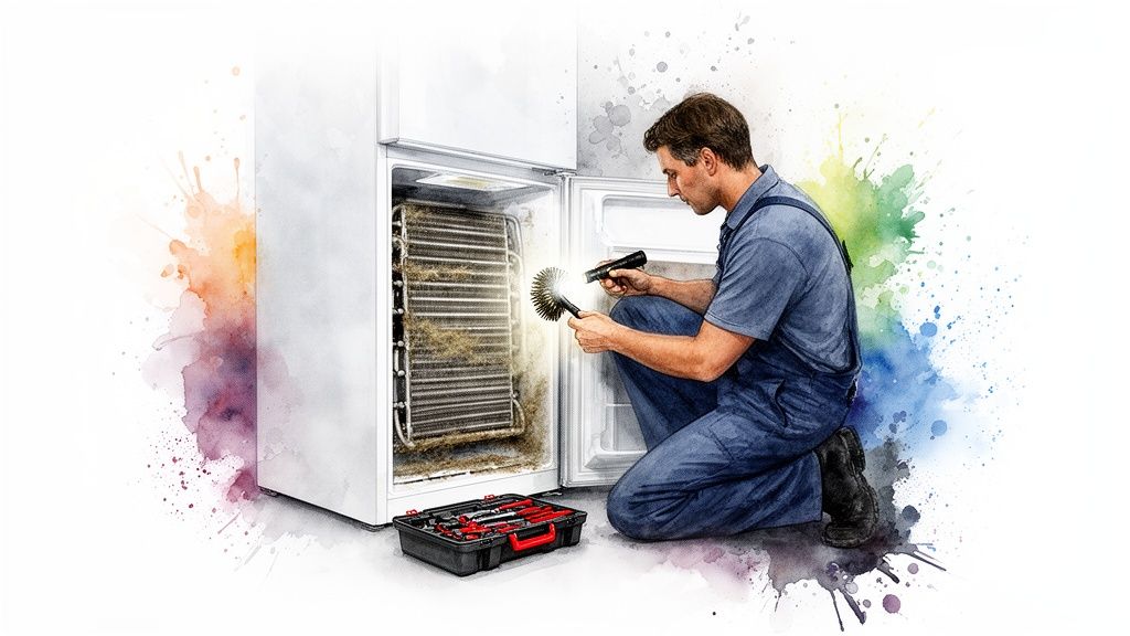 A technician in blue overalls kneels, cleaning a dirty refrigerator condenser coil with a brush and flashlight. A toolbox is nearby.