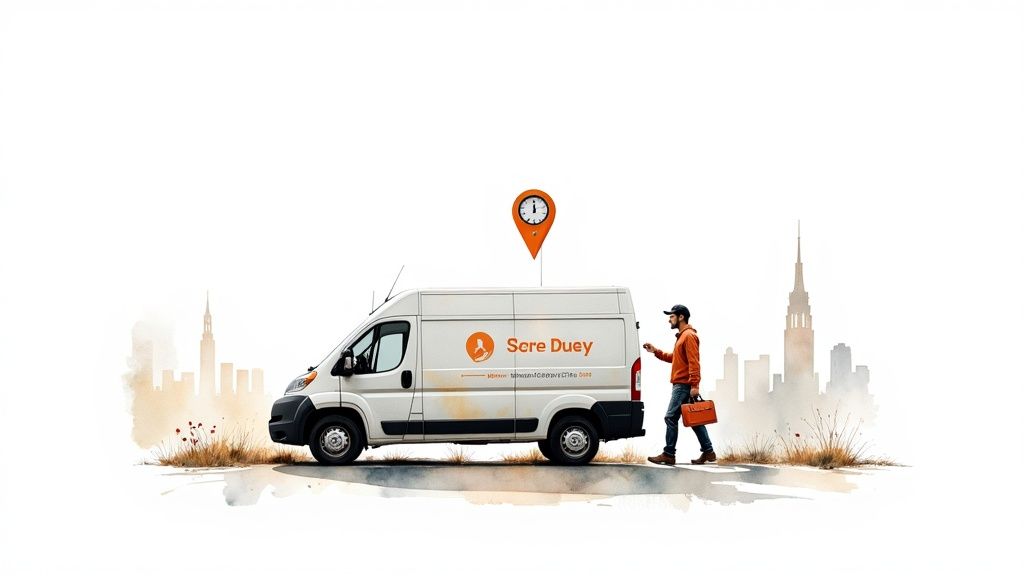 A man with a briefcase approaches a white delivery van with a clock location pin above it, in front of a city skyline.