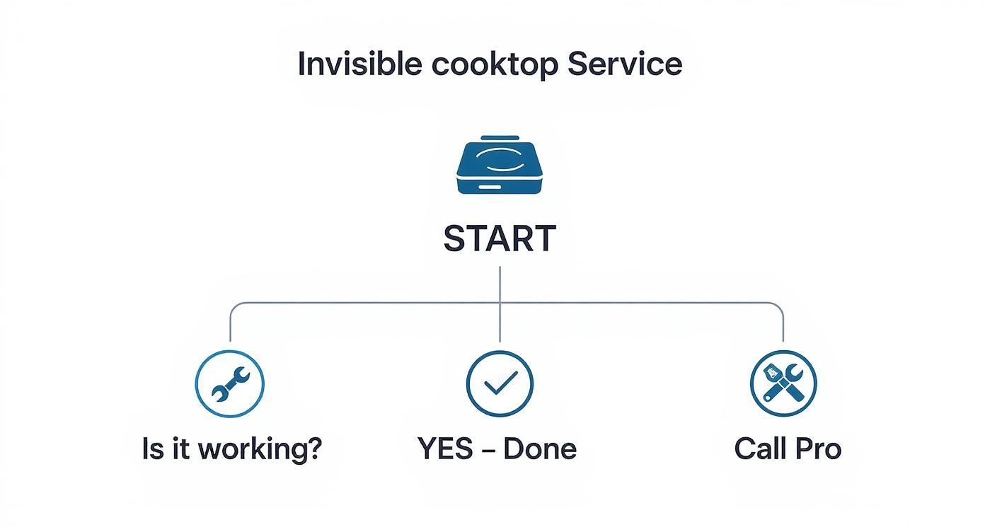 A flowchart for invisible cooktop service showing steps: Start, Is it working?, Yes - Done, and Call Pro.