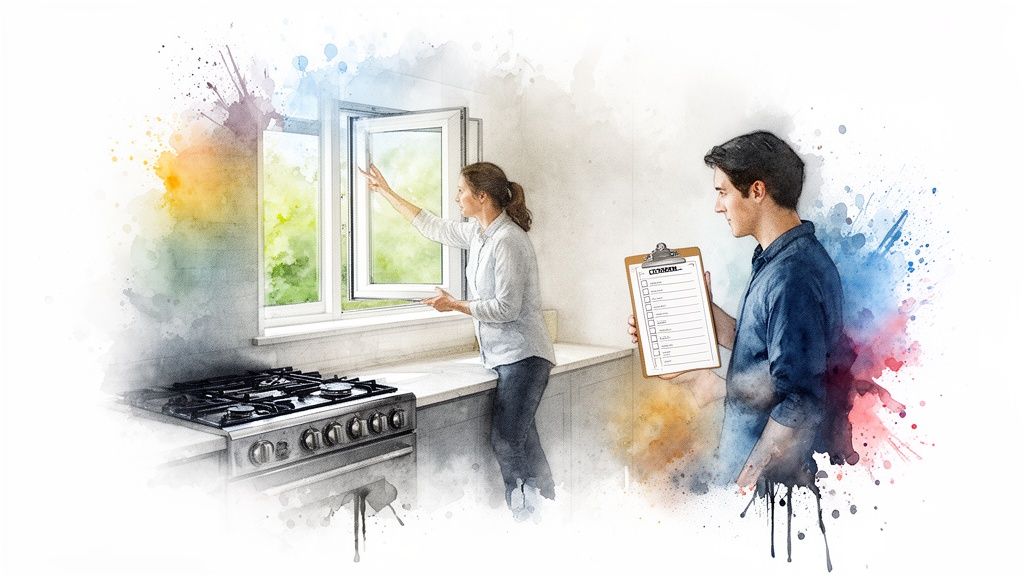 A woman inspects a window in a kitchen with a gas range, while a man holds a checklist, suggesting home inspection or repair.