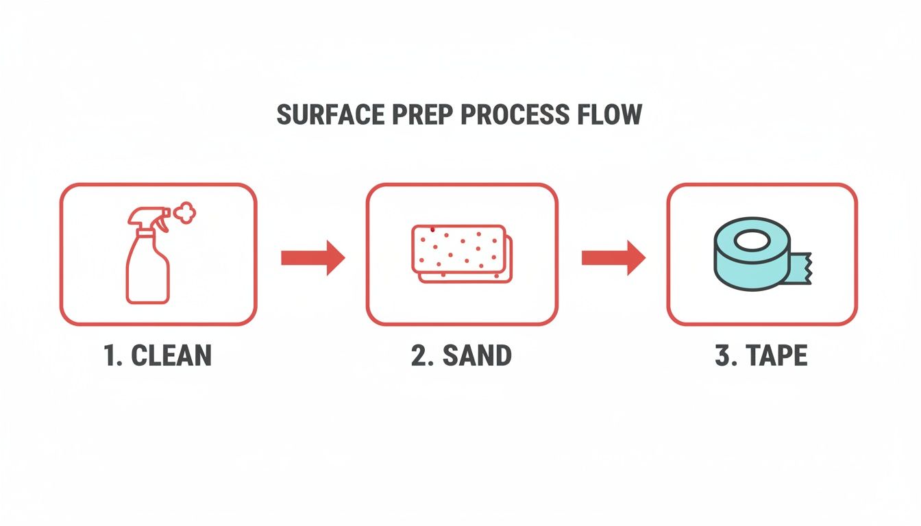 A three-step surface prep process flow: clean with spray, sand with pads, then tape.