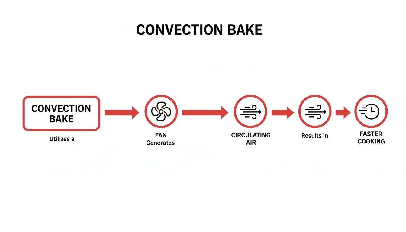 A flowchart detailing convection bake, showing a fan generating circulating air for faster cooking.
