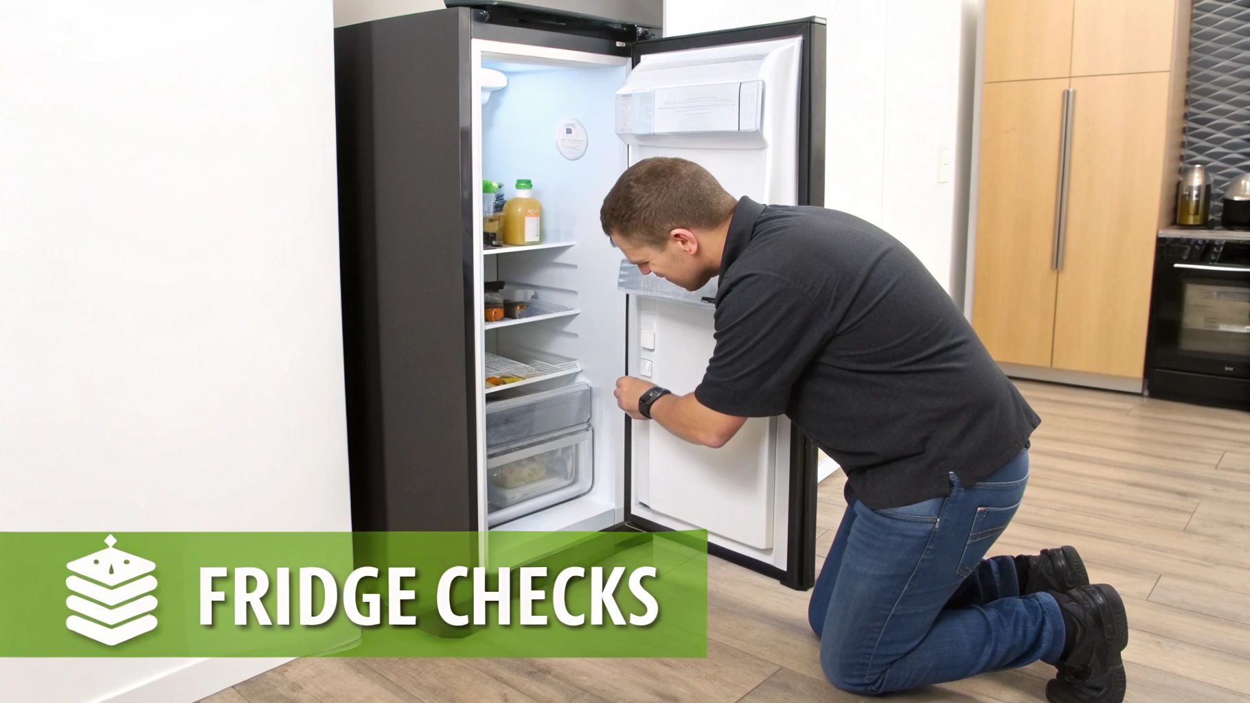 A man kneels and inspects the inside of an open, modern black refrigerator.