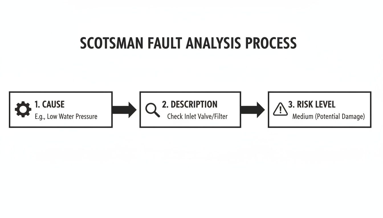 Flowchart illustrating the Scotsman fault analysis process, detailing cause, description, and risk level.