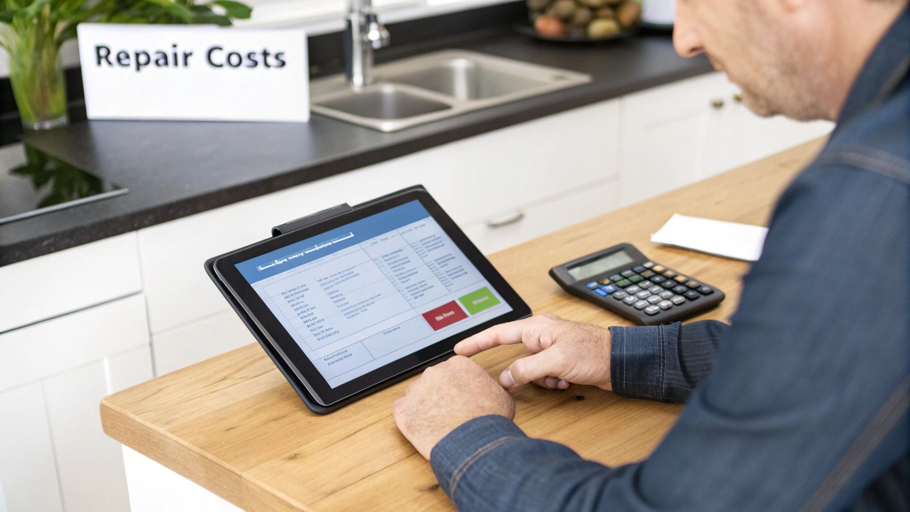 A person reviews repair costs on a tablet with a calculator on a wooden kitchen counter.