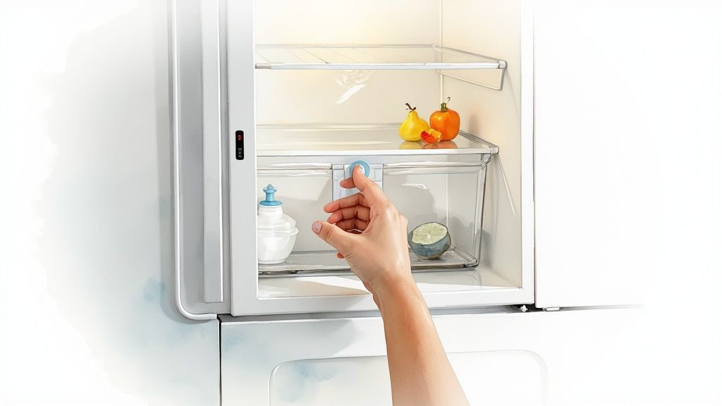 A hand adjusts a knob on a clear crisper drawer inside a white refrigerator, showing fruits and a bottle.