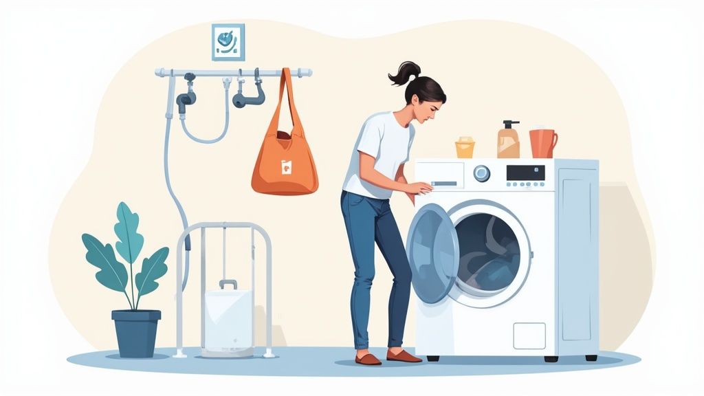 A young woman in a laundry room is loading clothes into a front-loading washing machine.
