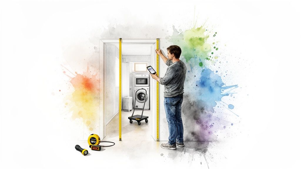 Man using a tape measure and tablet to measure a doorway for appliance installation in a laundry room.