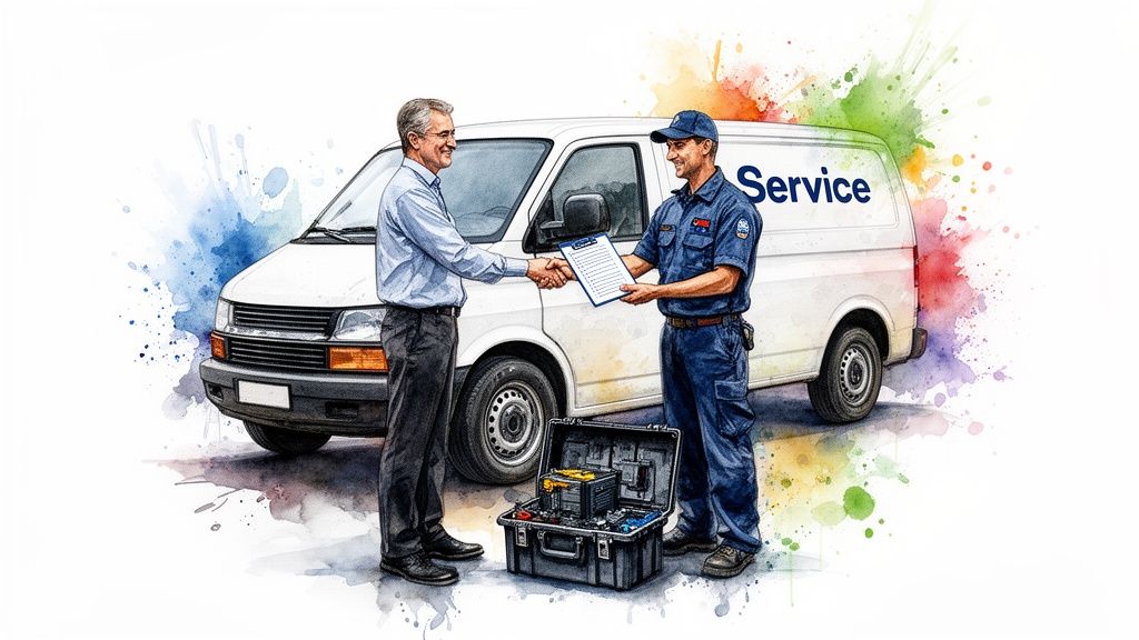 A customer shakes hands with a service technician in front of a white van with an open toolbox.