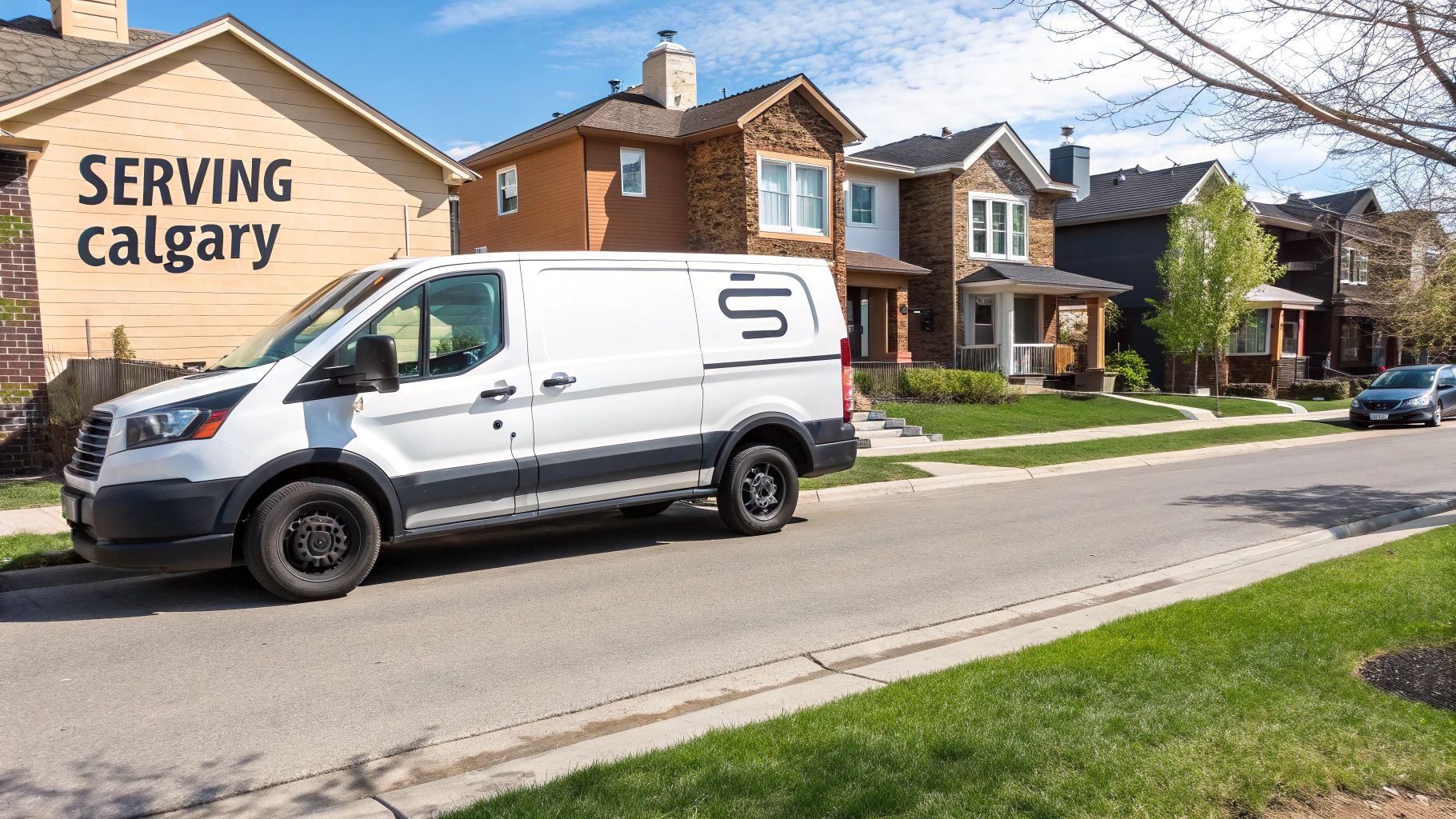 A white service van with a stylized 'S' logo parked on a Calgary residential street near houses, one saying 'SERVING calgary'.
