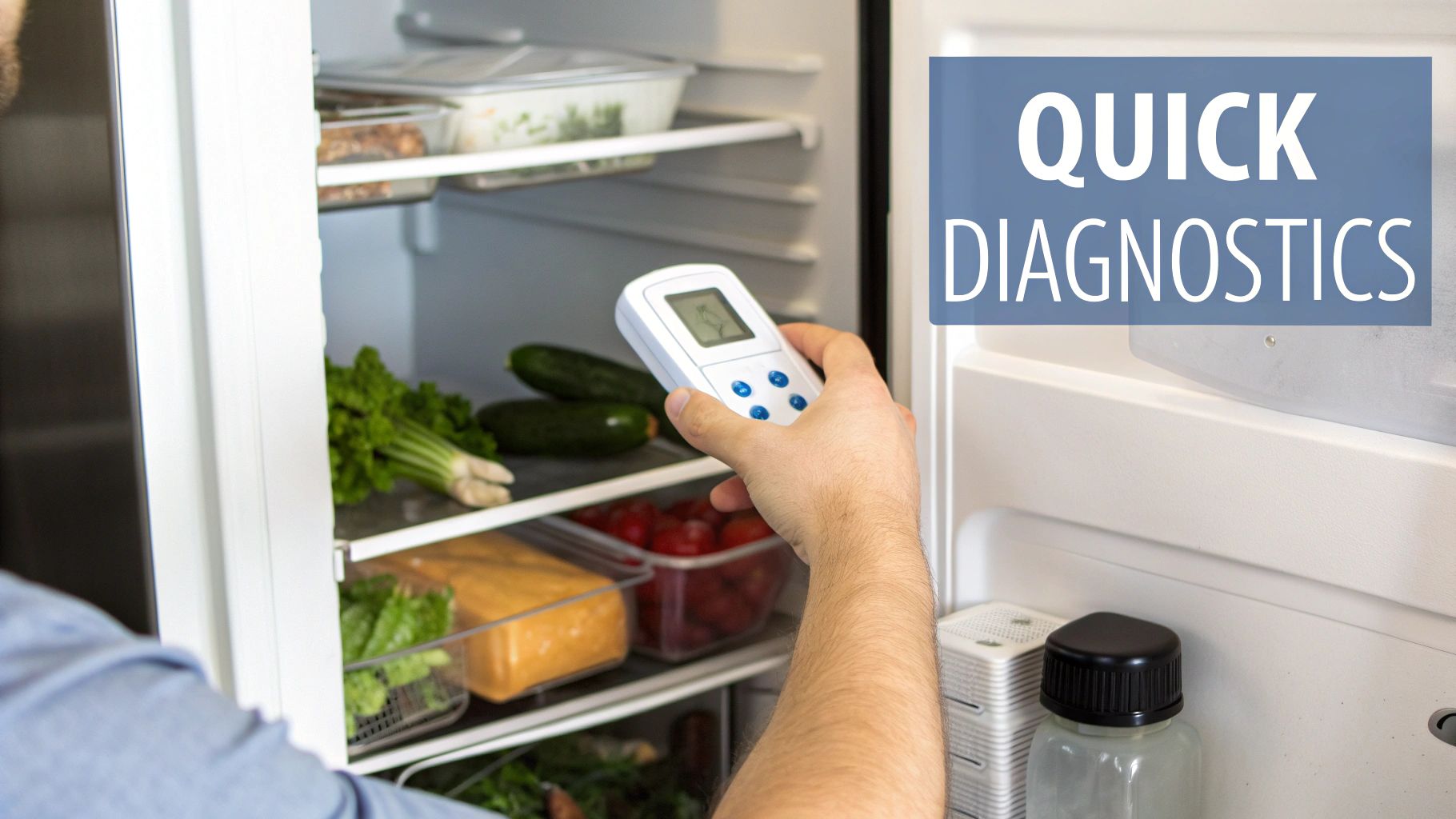 Technician using digital thermometer to diagnose temperature issues in refrigerator quick diagnostics process